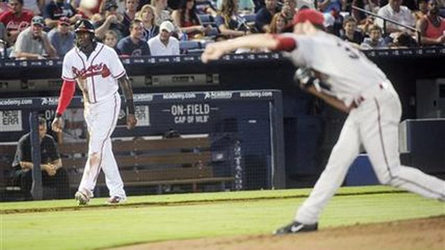 Atlanta Braves Cameron Maybin watches the pitch of Arizona Diamondbacks Robbie Ray right after hitting an RBI triple during the third inning of a baseball game Friday in Atlanta Atlanta Braves Cameron Maybin watches the pitch of Arizona Diamondbacks Robbie Ray right after hitting an RBI triple during the third inning of a baseball game Friday in Atlanta