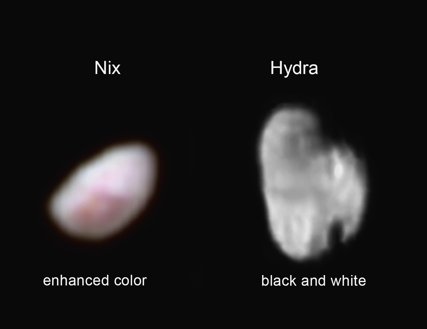 New views of Nix and Hydra two of Pluto’s four smallest moons show the tiny worlds in detail for the first time. The color image of Nix is from data obtained by the Ralph instrument on New Horizons from July 14 at a range of 102,000 miles. The spacecr New views of Nix and Hydra two of Pluto’s four smallest moons show the tiny worlds in detail for the first time. The color image of Nix is from data obtained by the Ralph instrument on New Horizons from July 14 at a range of 102,000 miles. The spacecr
